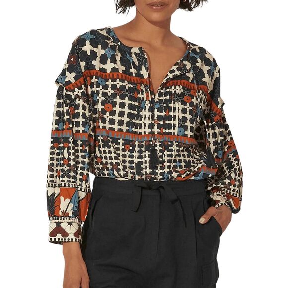 NWT Cleobella Edith Long Sleeve Blouse in Deco Black Blue Orange Cream Size S - Picture 3 of 13